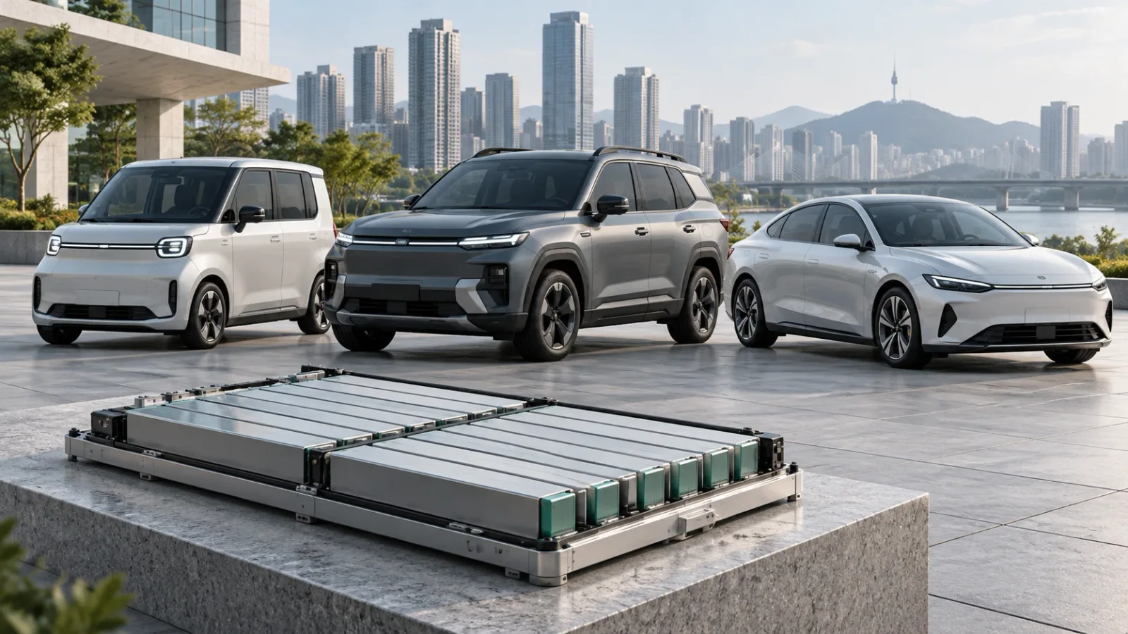 도심 강변 광장에 전기차 세 대가 서 있고 앞쪽 받침대에 배터리 팩이 놓인 모습