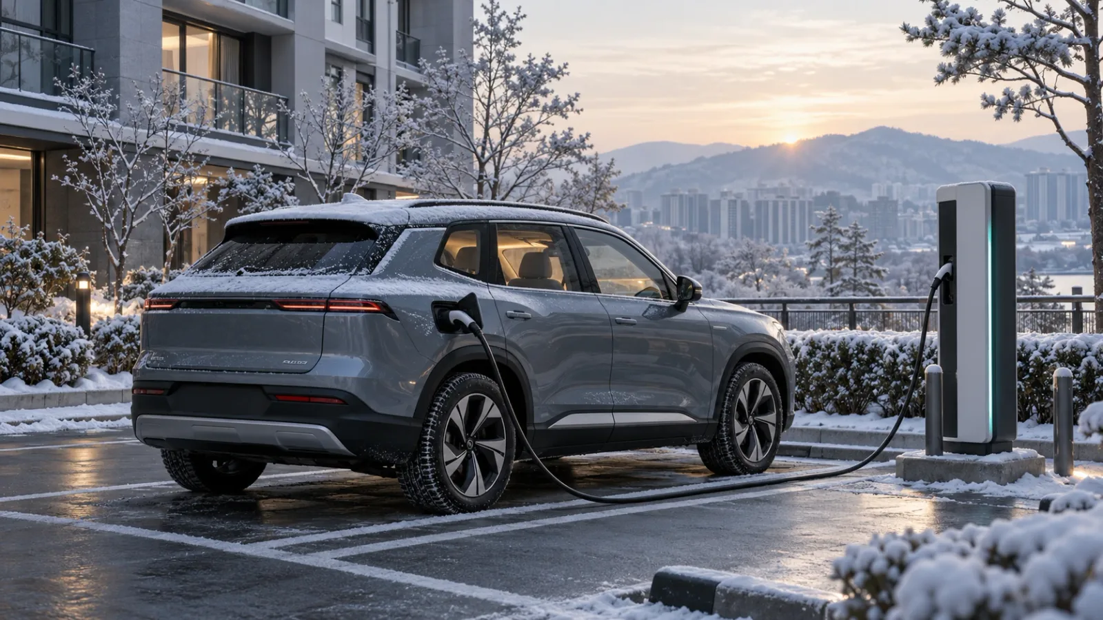 눈 덮인 아파트 주차장에서 충전 중인 전기 SUV