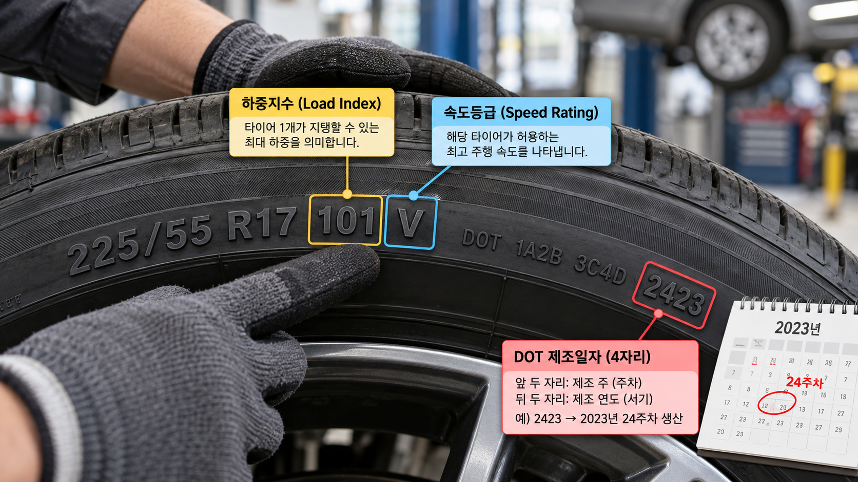 타이어 하중 지수와 속도 기호, DOT 제조 시기 위치를 가리키는 이미지